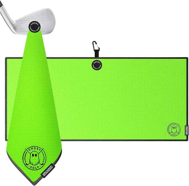 Ghost Golf Magnetic Towel (Caddie) - Premium Ultra-Absorbent Microfiber Golf Towel with Magnet for Golf Carts or Clubs - 18" x 40" Golfing Gear - Waffle Weave Pattern (Neon Pink) - Image 1